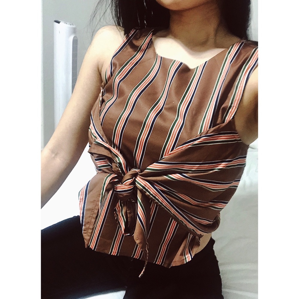 NEW J.O.A brown striped bow front crop top